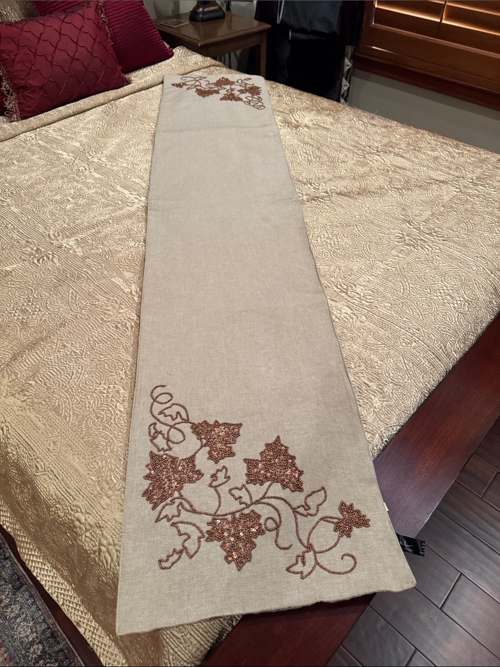 Nicole Miller Beige Table Runner with Bronze Leaf Embroidery